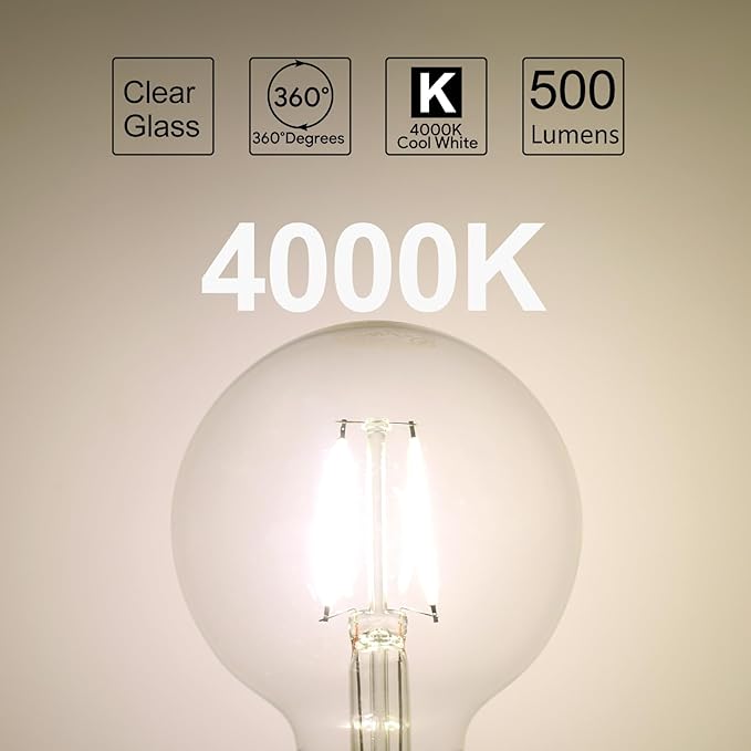 E ENERGETIC LIGHTING Dimmable LED Edison Light Bulb, G25 (G80) 500LM Globe Bulb, 60W Equivalent, 4000K Cool White, Christmas Light, E26 Standard Base, ETL Listed, 6-Pack