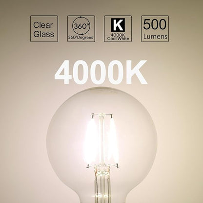 E ENERGETIC LIGHTING Dimmable LED Edison Light Bulb, G25 (G80) 500LM Globe Bulb, 60W Equivalent, 4000K Cool White, Christmas Light, E26 Standard Base, ETL Listed, 6-Pack