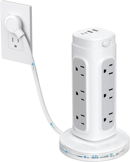 TROND Retractable Power Strip Tower, Space-Saving Surge Protector with USB C PD 20W, 5ft Flat Plug Extension Cord with Multiple Outlets, 4 USB, 1700J, Home Office Desk Supplies, Dorm Room Essentials