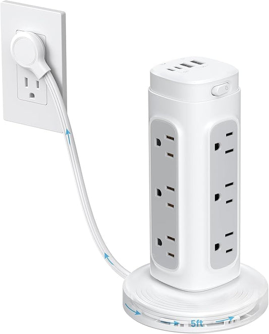 TROND Retractable Power Strip Tower, Space-Saving Surge Protector with USB C PD 20W, 5ft Flat Plug Extension Cord with Multiple Outlets, 4 USB, 1700J, Home Office Desk Supplies, Dorm Room Essentials