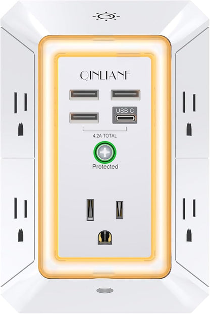 3-Sided Outlet Extender with Night Light - QINLIANF Multi Plug Outlet with 5 Outlets and 4 USB Ports(1 USB-C), USB Wall Charger for Home, Office, Travel, ETL Listed, White