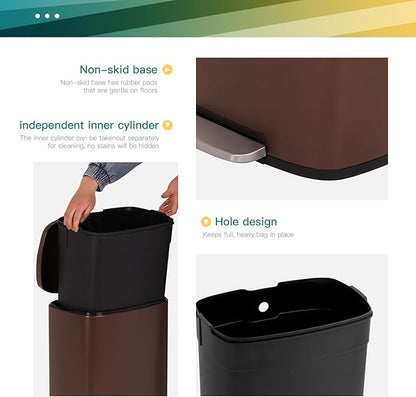 FDW | 13 Gallon Trash Can with Lid | Brown | Fingerprint-Proof | Made of Brushed Stainless Steel | Soft-Close Step Pedal | Hands-Free Use | Easy to Clean | for Kitchen, Office, Bathroom