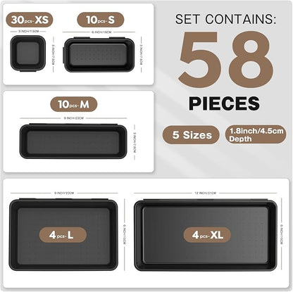A-LUGEI【𝟱𝟴𝗣𝗰𝘀】【5 Size】 Tool Box Organizer Tray Divider Set, 【Black】 Desk Drawer Organizer, Garage Organization and Storage Toolbox Accessories Rolling Tool Chest Cart Cabinet WorkBench Small Part