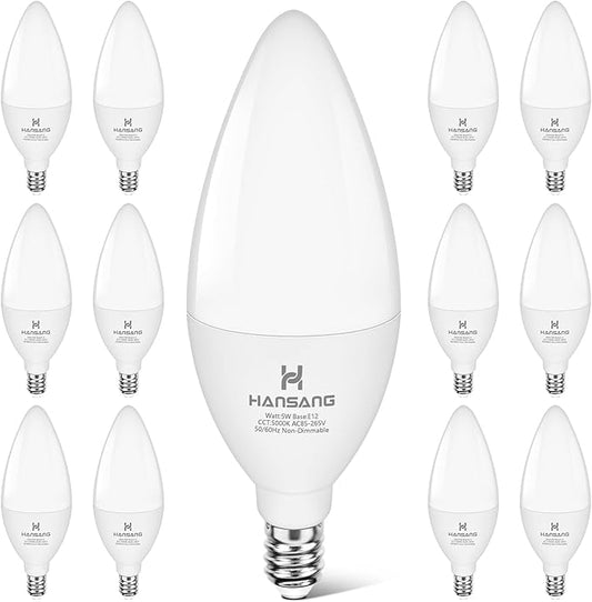 E12 LED Bulb Candelabra Base, Type B LED Bulb 50 Watt Equivalen 5000k Daylight B11 Small Base, Chandelier Ceiling Fan LED Light Bulbs 500 Lumens No-Dimmable Pack of 12