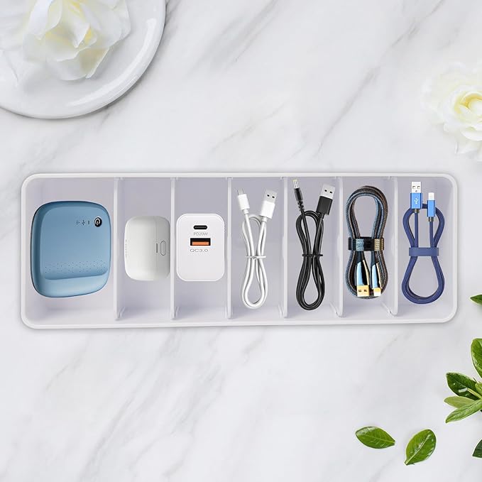 Cable Organizer Storage Box with 7 Wire Ties,Power Cord Organizer with 7 Compartments for Office,Home,Desk Accessories Storage Stationery Supplies (small size)