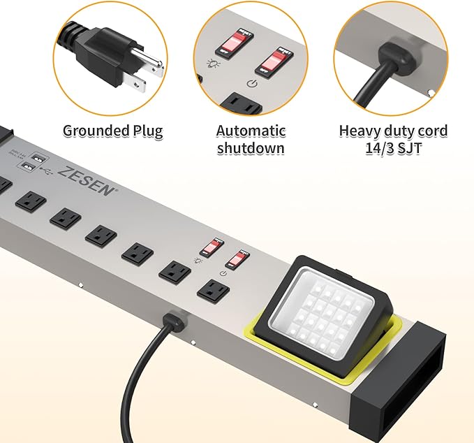 ZESEN 10-Outlet Power Strip with LED Worklight Surge Protector 4ft Cord with Dual Smart USB, Workshop/Garage/Office/Home, ETL Listed