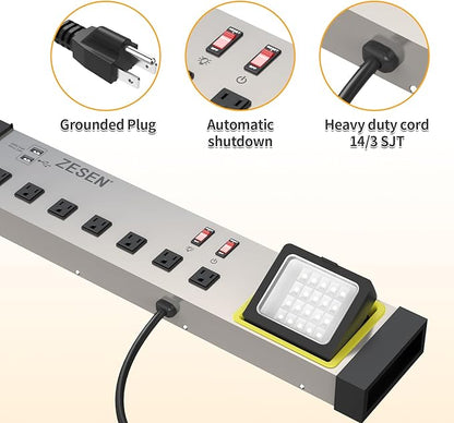 ZESEN 10-Outlet Power Strip with LED Worklight Surge Protector 4ft Cord with Dual Smart USB, Workshop/Garage/Office/Home, ETL Listed