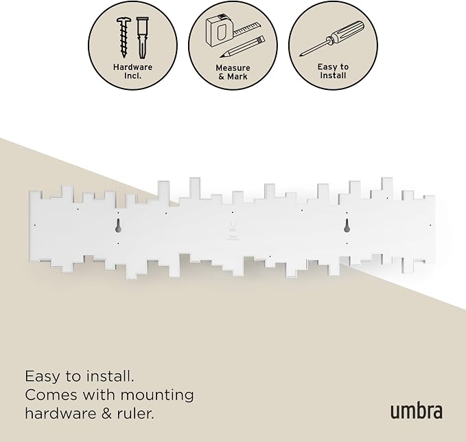 Umbra Sticks Wall Coat Rack, Wall Mount 8 Retractable Hooks, White | Modern sculptural look, holds five pounds each, fits entryways and bedrooms, easy to install, recycled plastic