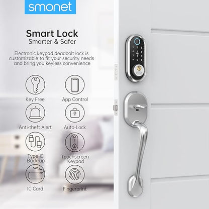 Keyless Entry Door Lock Handle: SMONET Smart Front Door Lock Set Alexa Deadbolt Locks with Handle Bluetooth Electronic Digital Keypad with APP Voice Control Keyfob Auto for Home