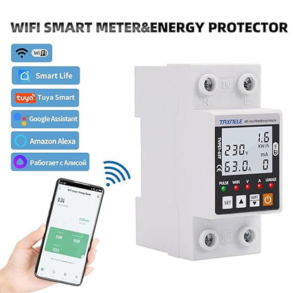 WiFi Smart Energy Meter AC 63A 80-300V WiFi Smart Earth Leakage Over Under Voltage Protector Relay Device Switch Breaker Energy Power kWh Meter Smart Life 110V,Compatible with Alexa Google Home