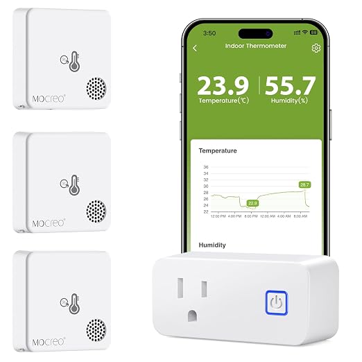 MOCREO Room Thermometer Indoor Humidity Monitor, Smart Plug Hub + 3 Sensors | Wi-Fi hygrometer with app, email and audible alerts; 2-year history and CSV export; bedroom, basement, nursery, cabin