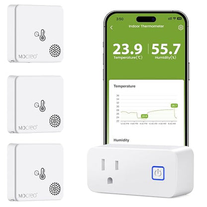 MOCREO Room Thermometer Indoor Humidity Monitor, Smart Plug Hub + 3 Sensors | Wi-Fi hygrometer with app, email and audible alerts; 2-year history and CSV export; bedroom, basement, nursery, cabin