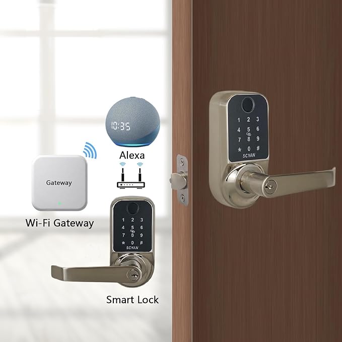 SCYAN Smart Door Lock, Scyan X1, 5 in 1 Fingerprint Biometric Door Lock, Touchscreen Keypad Door Lock, Key Fob, Auto Locking, for Office, Home, Airbnb, Rental House (Brush Nickel)