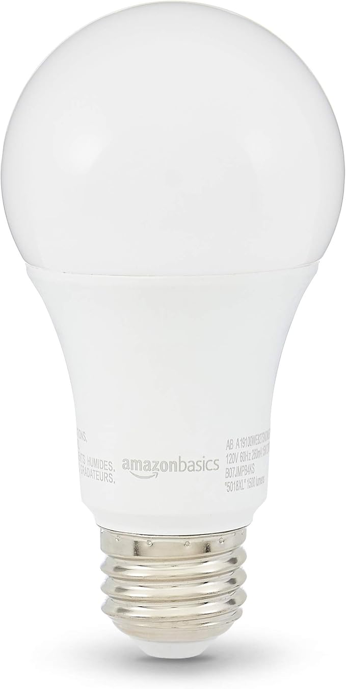 Amazon Basics A19 LED Light Bulbs, 100W Equivalent, 15W Energy Efficient, E26 Standard Base, Soft White 2700K, Non-Dimmable, 10,000 Hour Lifetime, 6-Pack
