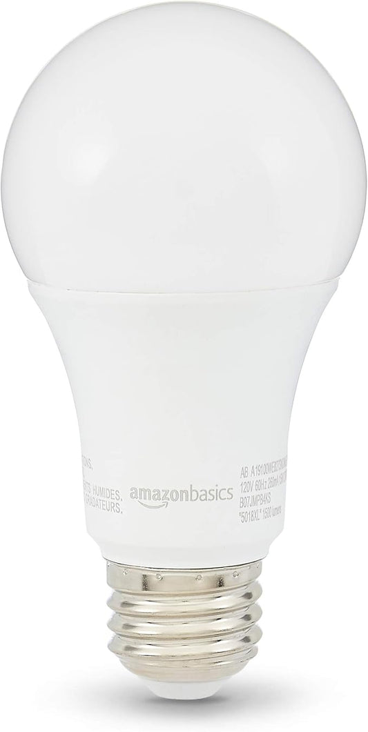 Amazon Basics A19 LED Light Bulbs, 100W Equivalent, 15W Energy Efficient, E26 Standard Base, Soft White 2700K, Non-Dimmable, 10,000 Hour Lifetime, 6-Pack