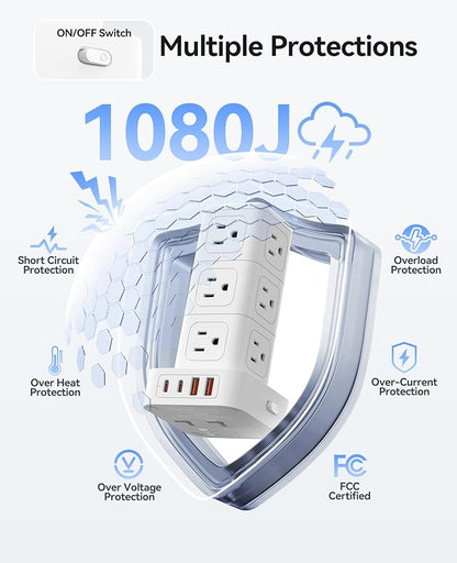 ORICO Tower Power Strip with Surge Protection, Charging Station Tower with 12 AC Outlets 4 USB Ports (2 USB C), Space Saving Design, 5FT Tower Extension Cord for Home, Office, Dorm - TPP20