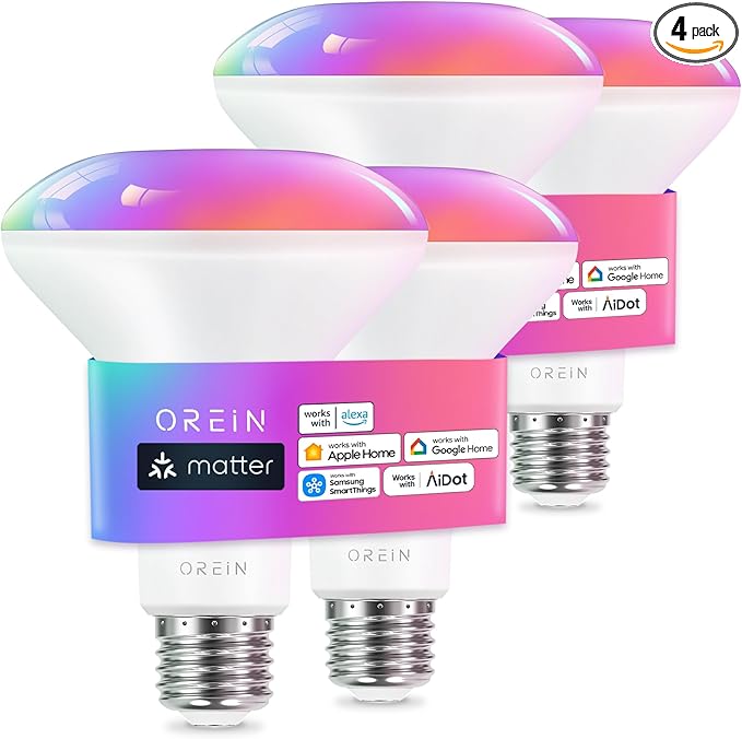 OREiN Matter BR30 Smart Light Bulbs, 650LM 60W Equivalent Recessed Flood Light Bulb, RGBTW Color Changing, Smart Flood Light Bulb Compatible with Alexa, Apple Home, Google Home, SmartThings, 4 Pack