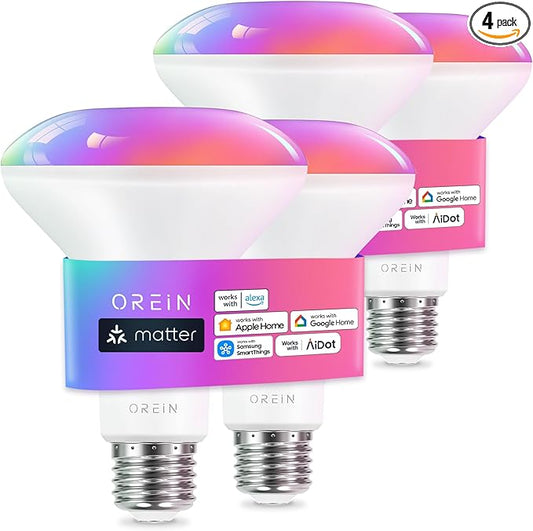 OREiN Matter BR30 Smart Light Bulbs, 650LM 60W Equivalent Recessed Flood Light Bulb, RGBTW Color Changing, Smart Flood Light Bulb Compatible with Alexa, Apple Home, Google Home, SmartThings, 4 Pack