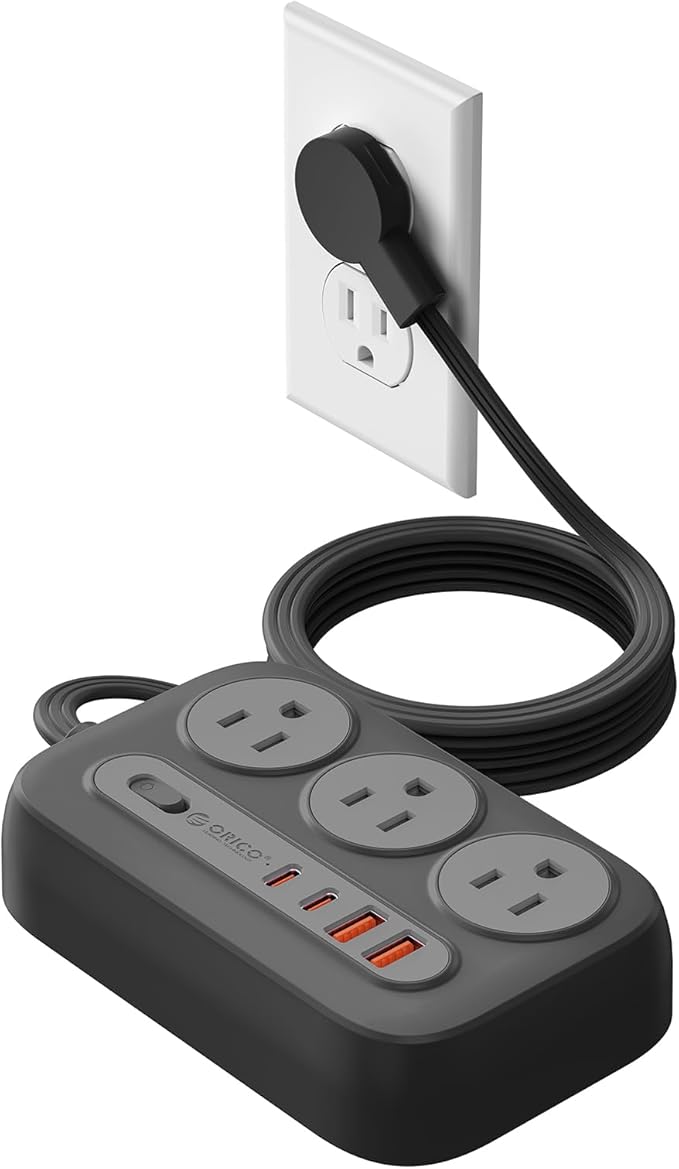 ORICO Surge Protector Power Strip, PD20W Multiple Outlets Extension Cord with 6 AC Outlets and 4 USB Charging Ports (2 USB-C), 45° Flat Plug, 5 Ft Mountable Outlet Extender for Home/Office/Dorm - OG