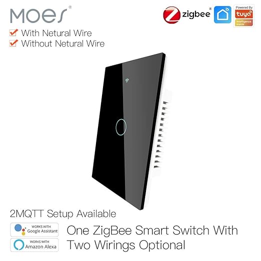 MOES ZigBee Smart Touch Wall Light Switch,Requires Tuya ZigBee Hub,No Neutral Wire/N+L Wiring,No Capacitor,Smart Life Tuya 2/3 Way Remote Control, Work with Alexa Google Home, 2MQTT,1 Gang Black