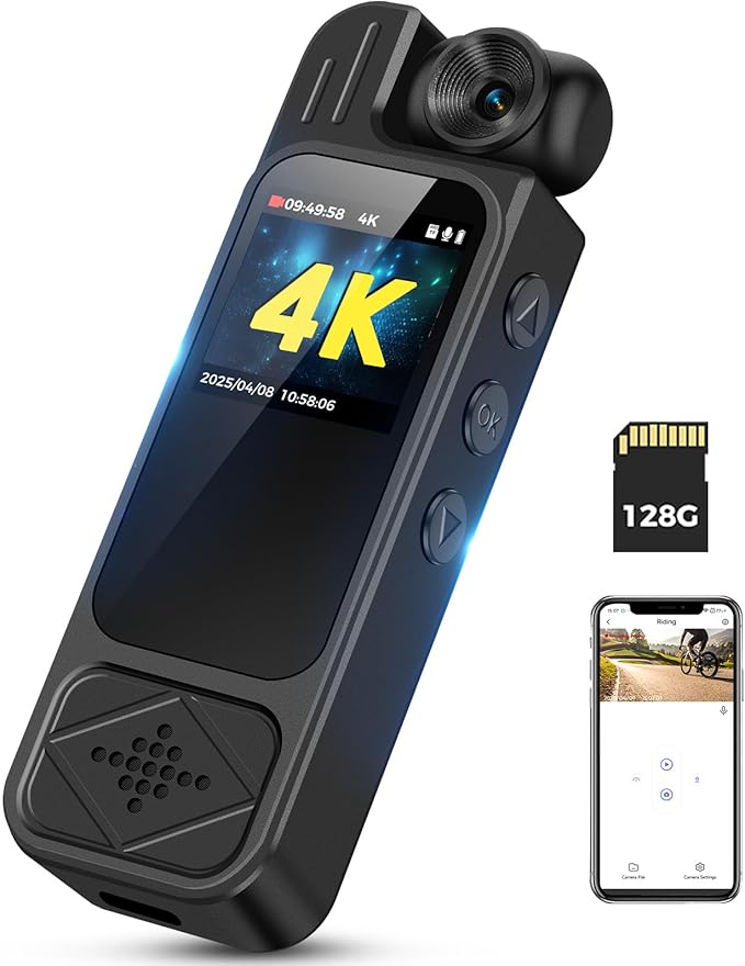 4K Body Camera with Audio and Video Recording: 128GB WiFi Body Cam with 180° Rotating Lens, Night Vision 7Hr Battery Bodycam, Wearable Pocket Camera Camcorder (128GB)