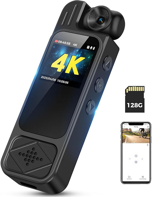 4K Body Camera with Audio and Video Recording: 128GB WiFi Body Cam with 180° Rotating Lens, Night Vision 7Hr Battery Bodycam, Wearable Pocket Camera Camcorder (128GB)