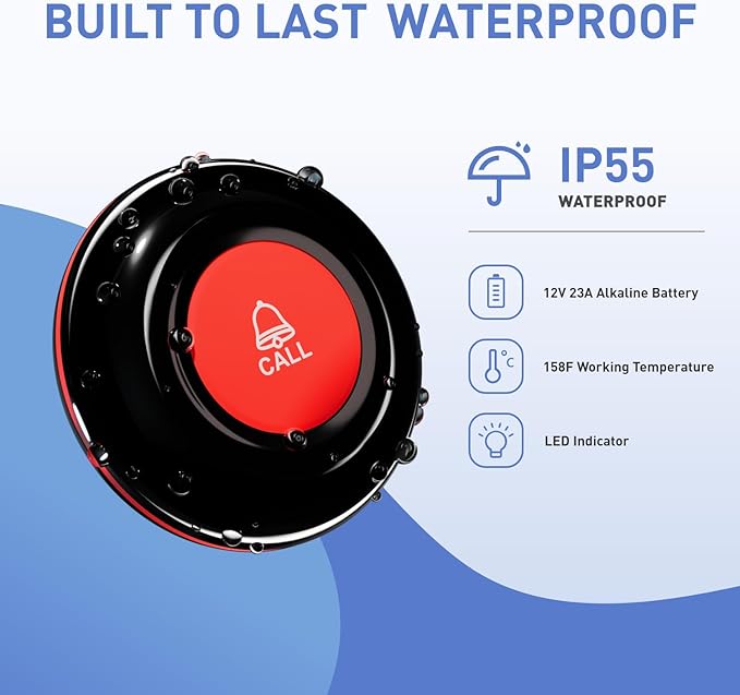 CallToU Wireless Call Buttons for Caregiver Pager and Calling System Waterproof Nurse Alert Call Buttons for Clinic Nurses Station Restaurant Nursing Home（Need to Be Paired with Receiver to Work）