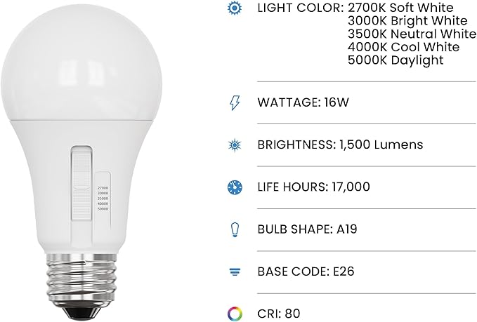 Feit Electric A19 LED Light Bulb, 100W Equiv, Non-Dimmable, Selectable Color Temperatures (2700K-5000K), 1500 Lumens, General Purpose Light Bulbs, 17,000-Hour Lifetime, OM100/5CCT/15KLED/6, 6 Pack