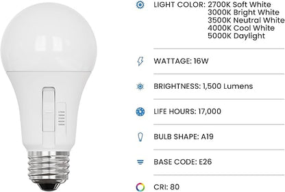 Feit Electric A19 LED Light Bulb, 100W Equiv, Non-Dimmable, Selectable Color Temperatures (2700K-5000K), 1500 Lumens, General Purpose Light Bulbs, 17,000-Hour Lifetime, OM100/5CCT/15KLED/6, 6 Pack