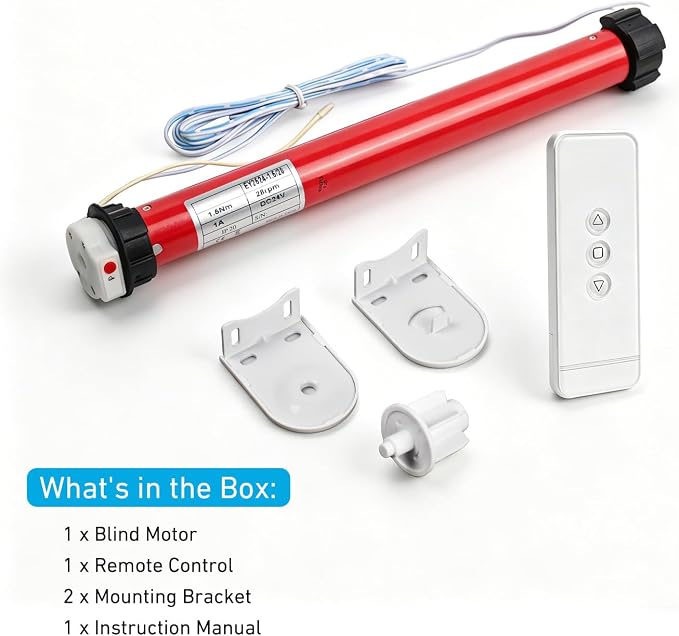 DIY 24V DC Tubular Roller Blind Motor Kit, EY2524 1.5N·m Smart Shade Motor with Remote Control, ONLY for 1‑1/2" (38mm) Shade Tubes, Requires External 24V Power Adapter, Not Rechargeable