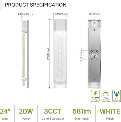 ASD LED 24" Bubble Glass Wall Light Fixture, Outdoor & Indoor Seeded Sconce | 3CCT, Waterproof, Dimmable, ETL Listed | 20W 600LM 3000-5000K 100-277V | Exterior Lantern, Porch Lighting | White