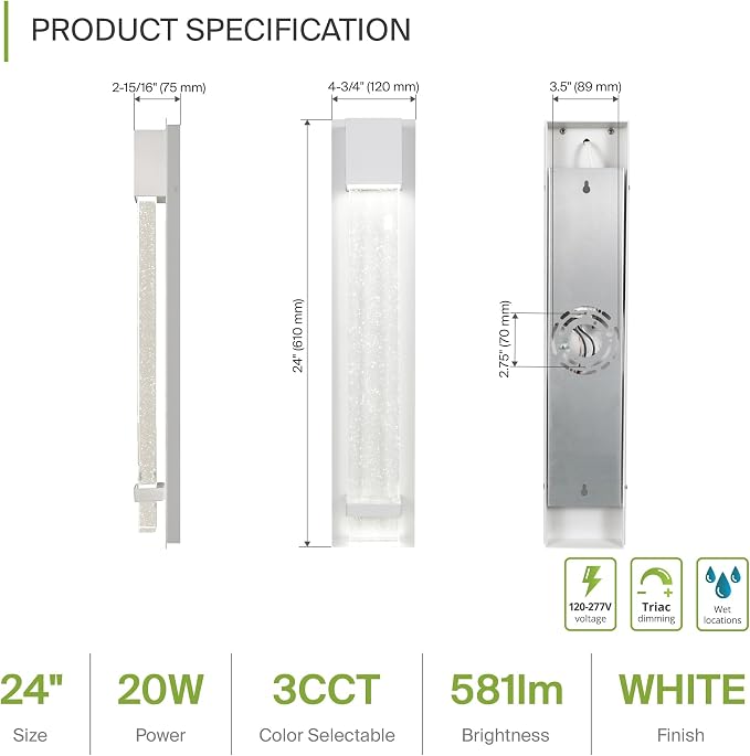 ASD LED 24" Bubble Glass Wall Light Fixture, Outdoor & Indoor Seeded Sconce | 3CCT, Waterproof, Dimmable, ETL Listed | 20W 600LM 3000-5000K 100-277V | Exterior Lantern, Porch Lighting | White, 4 Pack