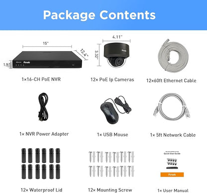 16 Channel Security Camera System 4K PoE, 12x 8MP IK10 Vandal Proof Dome Camera with AI Human Vehicle Detection, Built-in Mic, Remote Access 24-7 Recording, 4K 16CH NVR 4TB HDD, PD54B1216-8M