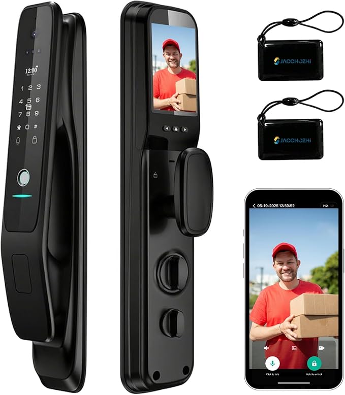 3D Face Recognition Smart Lock with Camera - Palm Vein & Fingerprint Keypad Door Handle - Video Doorbell, 4" HD Screen - Keyless Entry Electronic Mortise Deadbolt for Front Door, Waterproof