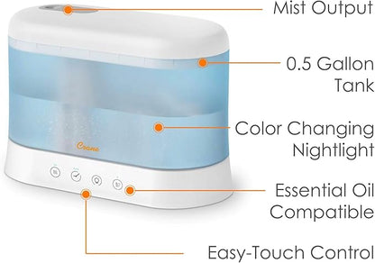 Crane 0.5 Gallon Top Fill Cool Mist Humidifier & Essential Oil Diffuser, Whisper-Quiet, 15-Hour Run Time, Night Light, Small Room Air Humidifier, Perfect For Office, Bedroom or Nursery