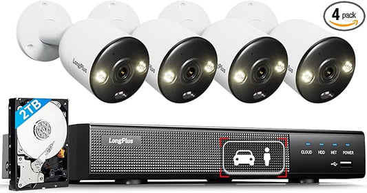 LongPlus Smart 4K 8CH Home Security Camera System, 4Pcs Wired PoE IP Cameras System Outdoor with Person/Vehicle Detection, 12MP 8CH NVR with 2TB HDD for 24-7 Recording, LP8ME84B1