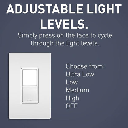 Legrand Radiant Combination Adjustable LED Night Light Rocker Switch, 3-Way Hallway Bedroom Night Light, 5 Light Levels, NTL873WCC6, 15 Amp, White