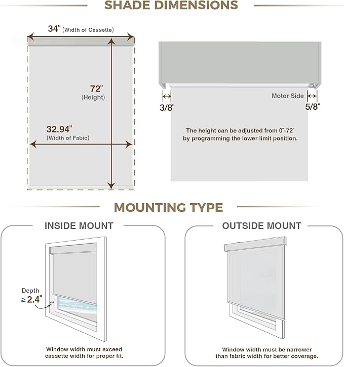 HeyBlinds Blackout Motorized Smart Blinds with Remote, Automatic Electric Shades for Windows (Breeze- Light Grey BO, 34" W x 72" H)