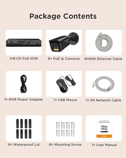 PoE Security Camera System 4K, 8PCS 8MP PoE IP Bullet Camera Outdoor with 2 Way Audio, Smart Color Night Vision, AI Human Vehicle Detection, Remote Access, 8CH NVR with 2TB HDD, PB65B0808-8MD