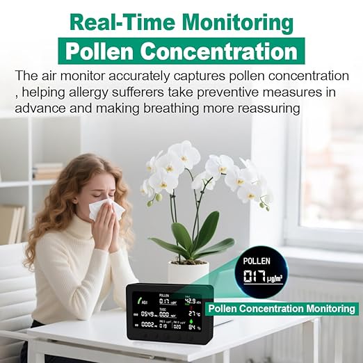 10 in 1 Air Quality Monitor Indoor,with APP 7" Display,Detectors for CO2，Pollen,Noise,Decibel Meter,TVOC,PM1.0,PM2.5,AQI,Temp and Humid,Air Quality Meters for Home,Office (Black)