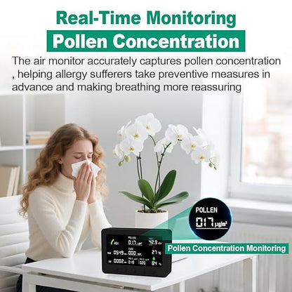 10 in 1 Air Quality Monitor Indoor,with APP 7" Display,Detectors for CO2，Pollen,Noise,Decibel Meter,TVOC,PM1.0,PM2.5,AQI,Temp and Humid,Air Quality Meters for Home,Office (Black)