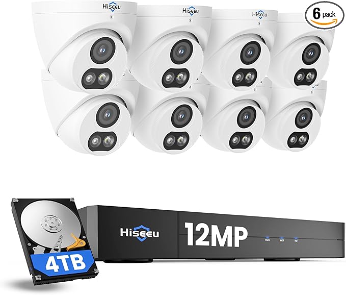 [12MP Ultra HD] Hiseeu 12MP PoE Security Camera System, 8 Pcs 12 MP Security Cameras, 121°Wide View, 2 Way Audio, Color Night Vision, 8 Port 16 Ch PoE NVR, 4TB HDD for Home Surveillance Outdoor&Indoor