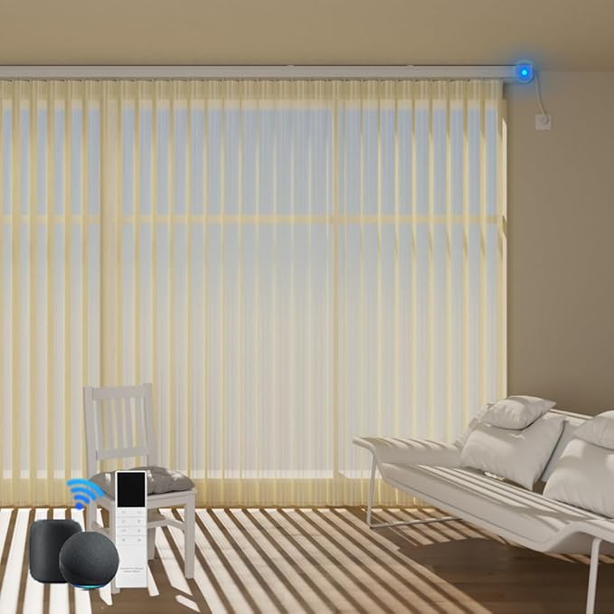 Motorized Sheer Vertical Blinds Work with Alexa Google Home, Light Filtering Smart Vertical Blind Sliding Door Blinds Remote Control Blinds for Sliding Glass Door Customize, Texture Beige