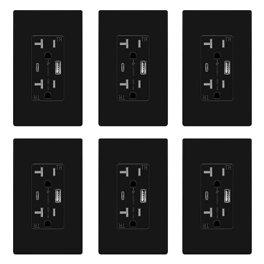 TOPGREENER 2-Port USB Outlet, 4.2A Type C USB Wall Outlet, Black, 6 Pack | UL Listed, 20 Amp TR Receptacle Plug, USB Receptacle, Charging Power Outlet with USB C & A Ports, Wall Plate Included