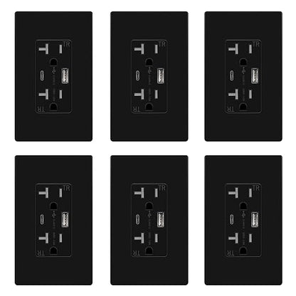 TOPGREENER 2-Port USB Outlet, 4.2A Type C USB Wall Outlet, Black, 6 Pack | UL Listed, 20 Amp TR Receptacle Plug, USB Receptacle, Charging Power Outlet with USB C & A Ports, Wall Plate Included