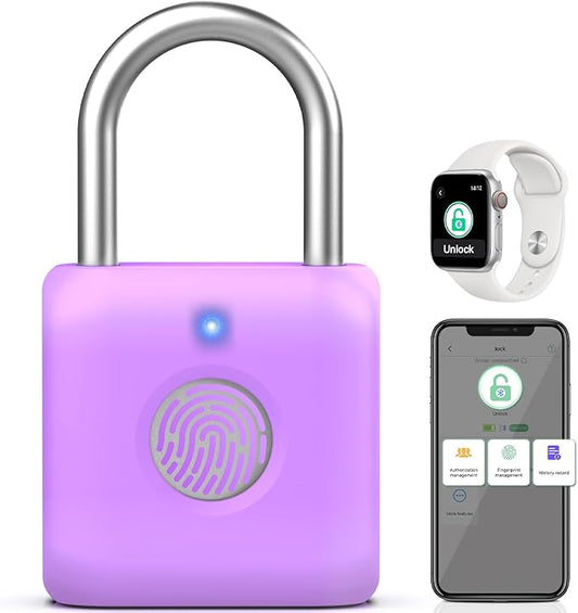 Pothunder Fingerprint Padlock, Smart Padlock, Locker Lock, Combination Fingerprint Lock with APP Unlock, USB Rechargeable, Suitable for Gym Locker(Lavender Purple)