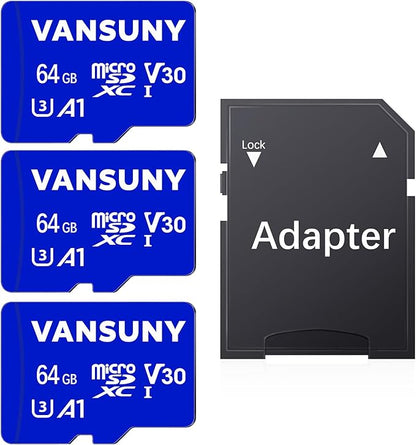 Vansuny Micro SD Card 64GB 3 Pack microSDXC Memory Card with SD Adapter A1 App Performance V30 4K Video Recording C10 U3 Micro SD for Phone, Security Camera, Dash Cam, Action Camera