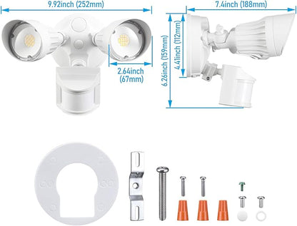 LEONLITE 3CCT LED Security Light, Motion Sensor Outdoor Lights, Dusk to Dawn, ETL Listed, Adjustable Heads, 3000K4000K5000K Selectable, Motion Detector Flood Light, Aluminum, IP65 Waterproof, White