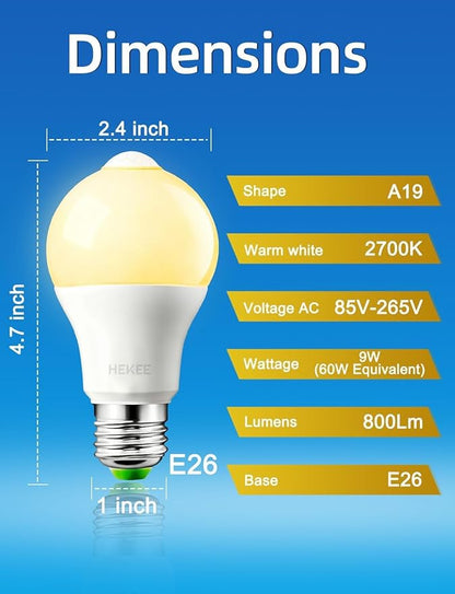 HEKEE Motion Sensor LED Light Bulb 9W A19 PIR Built-in IR 60W Equivalent Bright 810 Lumens E26 Base Warm White Bulbs (4 Packs)