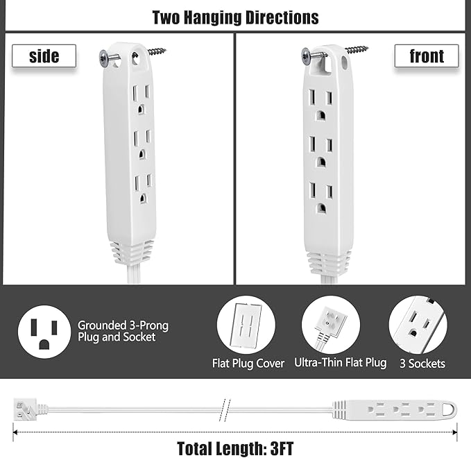 CABOCASA 2 Pack 3FT Flat Plug Extension Cord Power Strip with 3 Outlets, Patented Detachable Ultra-Thin Outlet Cover Concealer & Ultra-Flat Plug, Max. 13A 125V 1625W ETL Listed, White Color